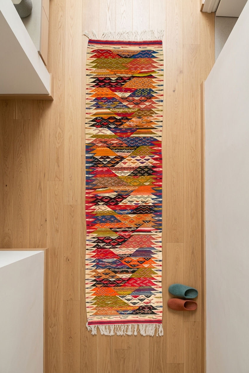 A long, narrow woven runner rug with a colorful geometric pattern hangs on a light wood floor in a minimalist interior. The rug features a cream base with repeating diamond and zigzag motifs in red, orange, blue, green, and yellow.