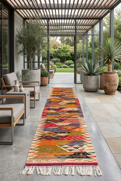 A long, narrow multicolor geometric runner rug with white fringe, displayed on a modern outdoor patio walkway between gray lounge chairs and potted plants.