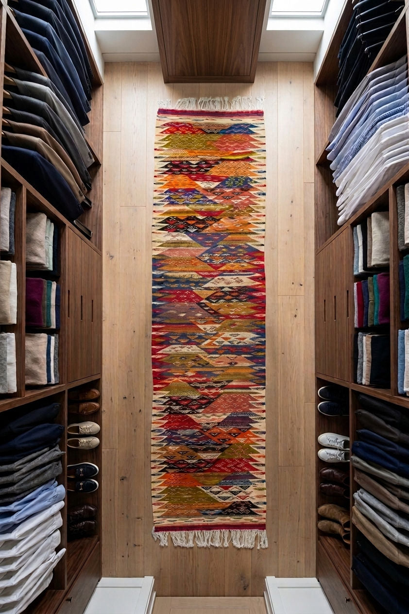 A long, narrow woven rug with a colorful geometric pattern hangs vertically on a wooden wall in a storage closet. Shelves on both sides are filled with folded textiles and shoes.