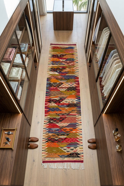 A long, narrow multicolor patterned Taznakht Moroccan rug with fringe is displayed on a light wood floor in a modern walk-in closet with dark wood shelving and clothing racks.