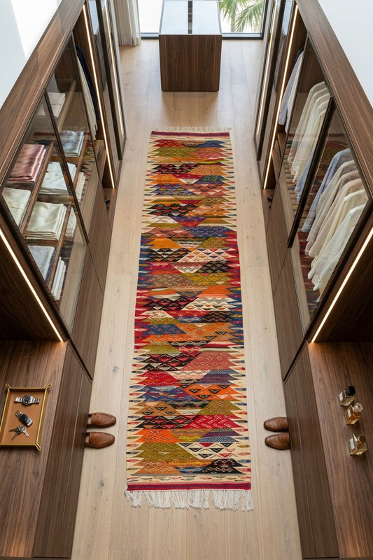 A long, narrow multicolor patterned Taznakht Moroccan rug with fringe is displayed on a light wood floor in a modern walk-in closet with dark wood shelving and clothing racks.