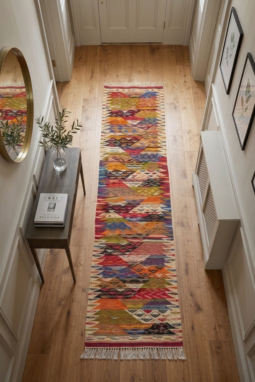 A long, narrow handwoven runner rug with a vibrant multicolor geometric pattern is displayed on a light wood hallway floor. The rug features a mix of red, blue, yellow, orange, green, and beige tones in a tribal-inspired design with white fringe at the bottom.