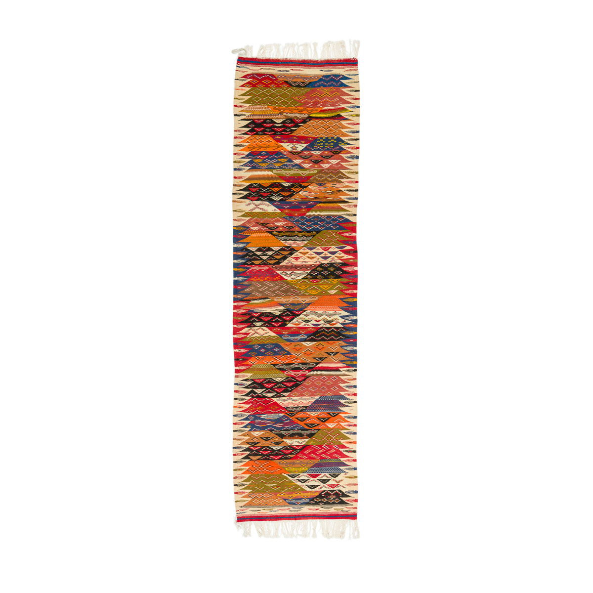 A long, narrow woven Moroccan runner rug with a multicolor geometric pattern and white fringe on both ends, shown against a plain white background.