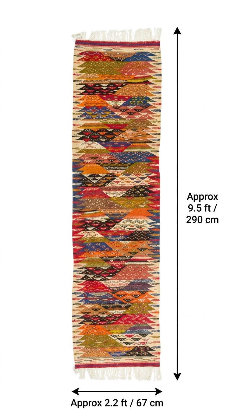 A multicolor geometric patterned runner rug with white fringe on both ends, shown with dimension arrows and text indicating a height of approximately 9.5 ft (290 cm) and a width of approximately 2.2 ft.