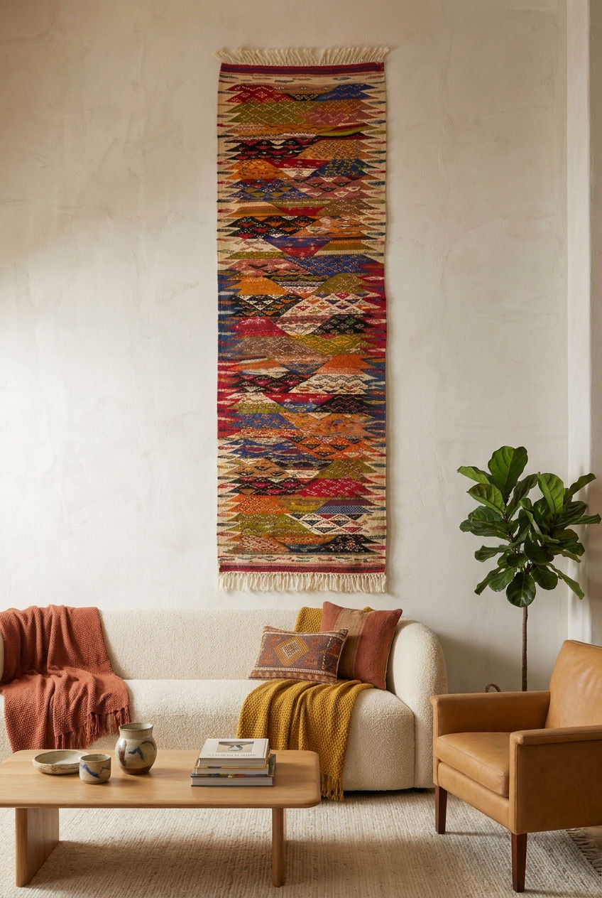 A tall, narrow bohemian-style woven wall hanging with multicolor geometric patterns and fringe, displayed on a textured cream wall above a modern white sofa in a styled living room.