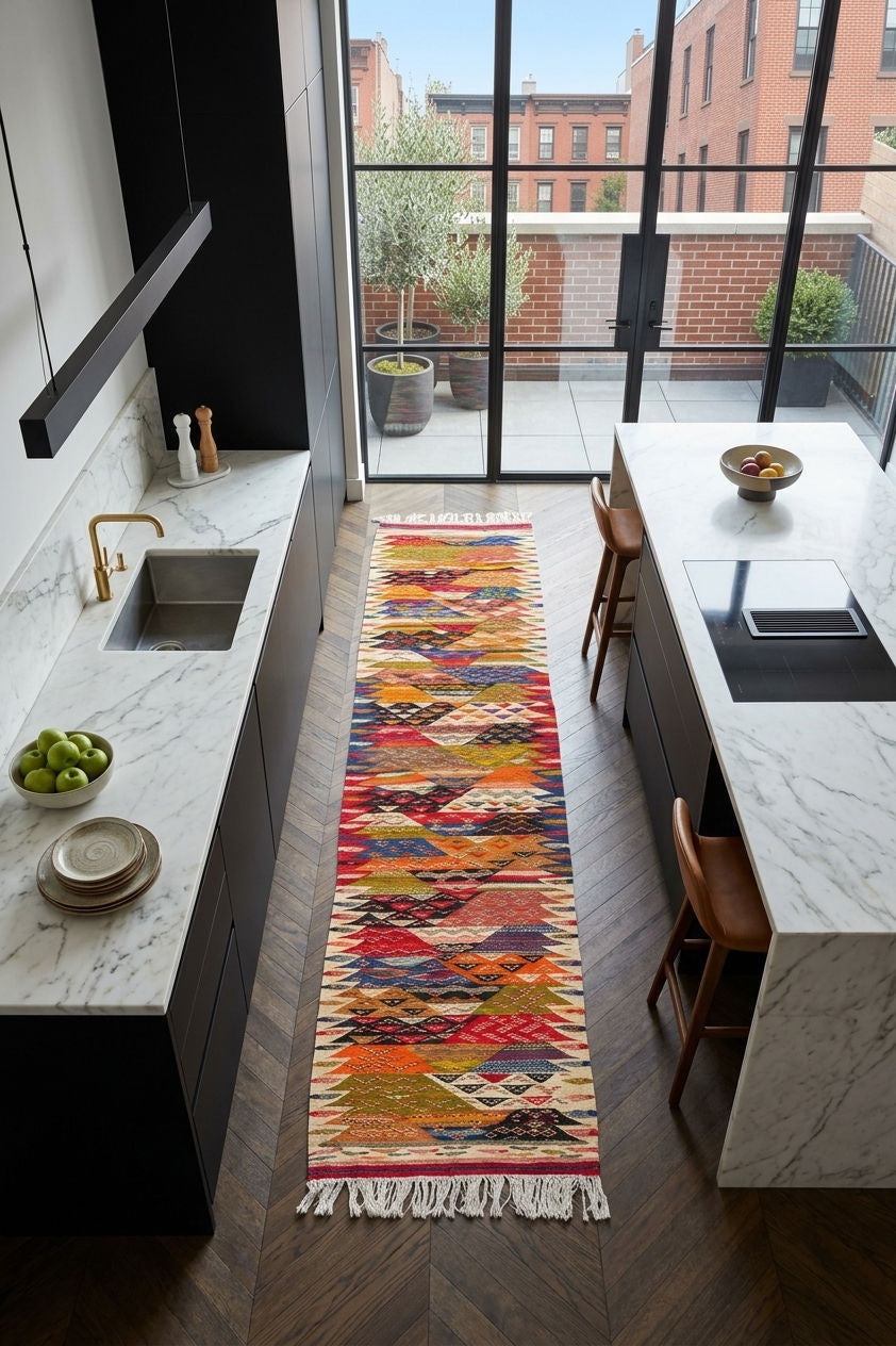 A long, colorful geometric woven runner rug with fringe is displayed on dark wood floors in a modern kitchen setting with white marble countertops and black cabinetry.