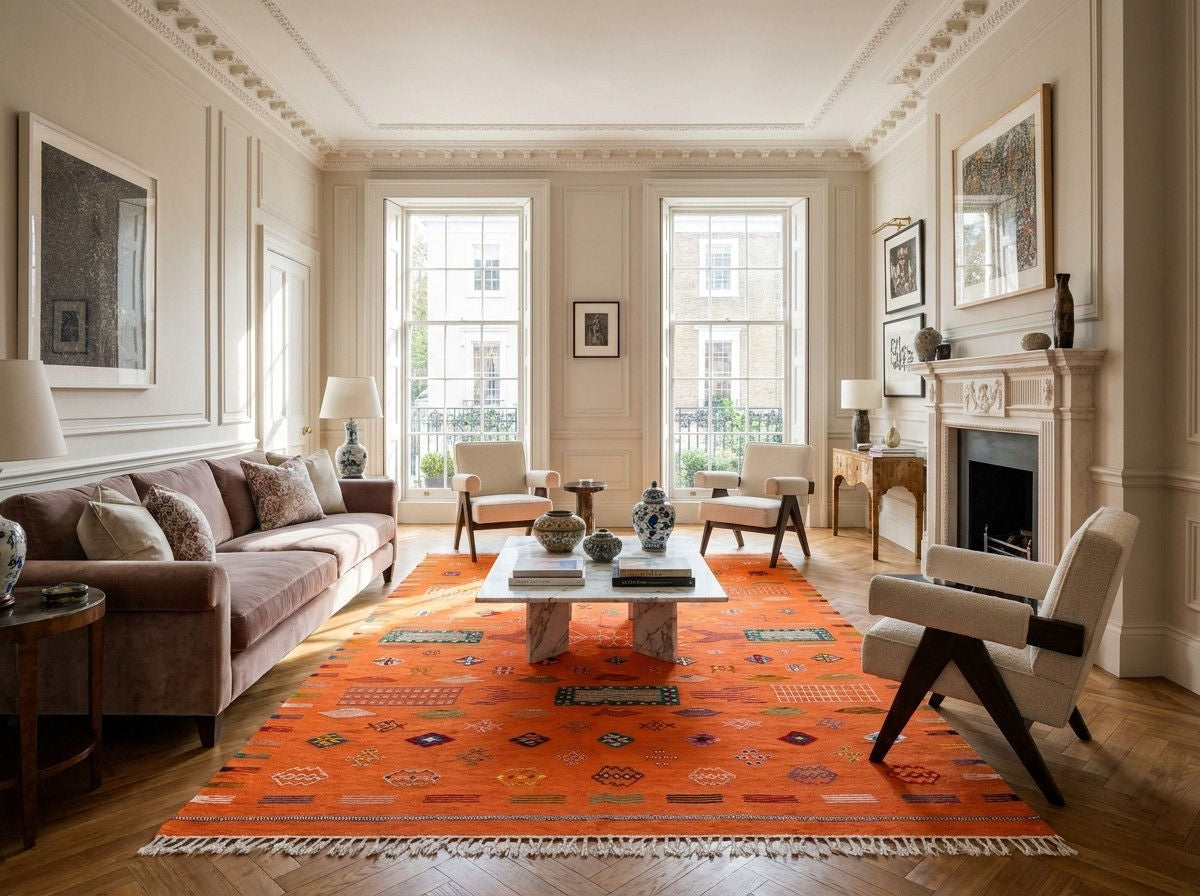 A large orange area rug with a geometric tribal pattern is styled in a classic, elegant living room with a brown sofa, white armchairs, a wooden coffee table, and a fireplace in the background.