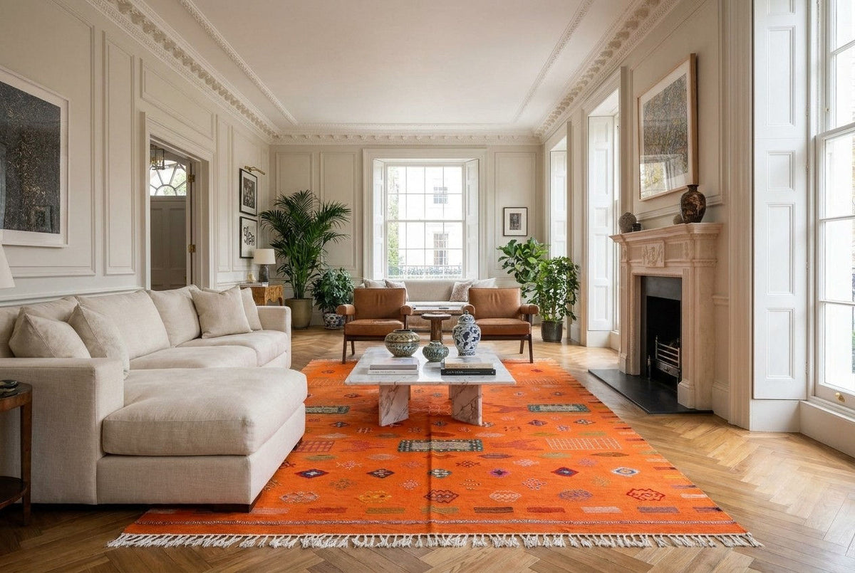 A large orange Moroccan rug with geometric patterns and white fringe, styled in a bright, classic living room with a cream sectional sofa, wooden coffee table, and fireplace.