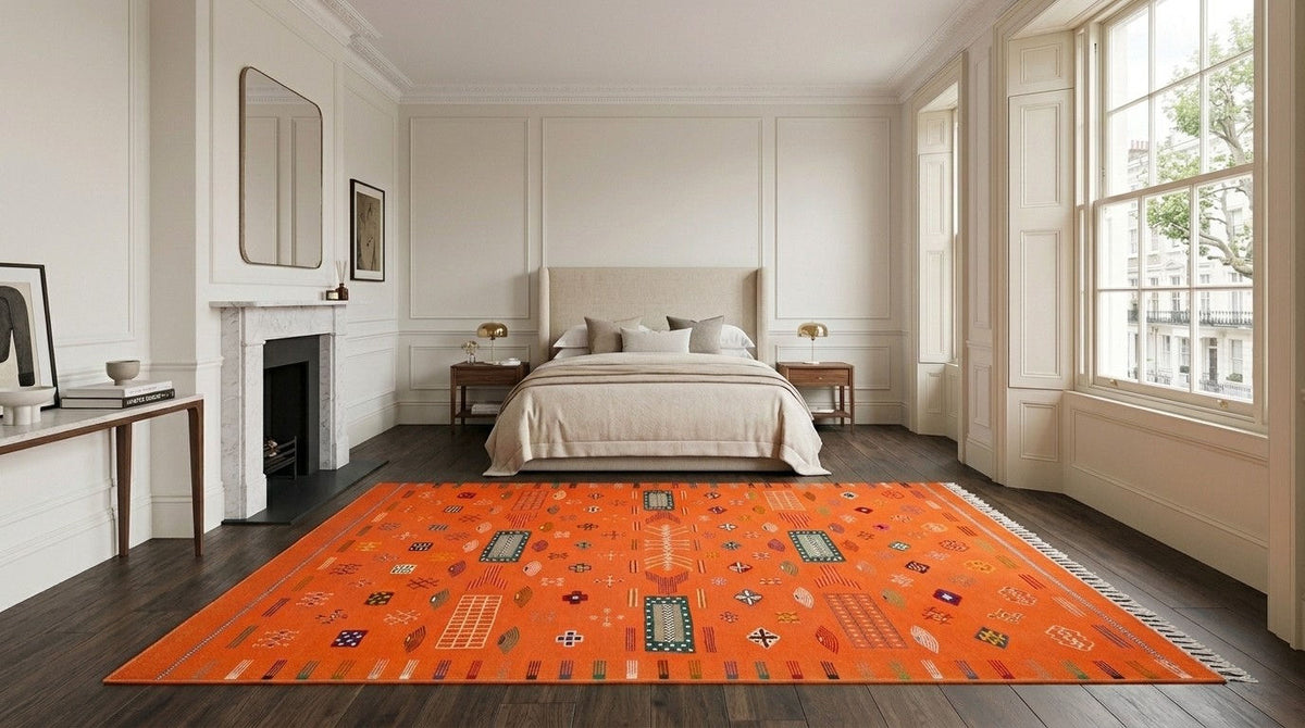 A large orange Moroccan area rug with geometric patterns is displayed in a bright, modern bedroom with white walls, a bed, and dark wood floors.