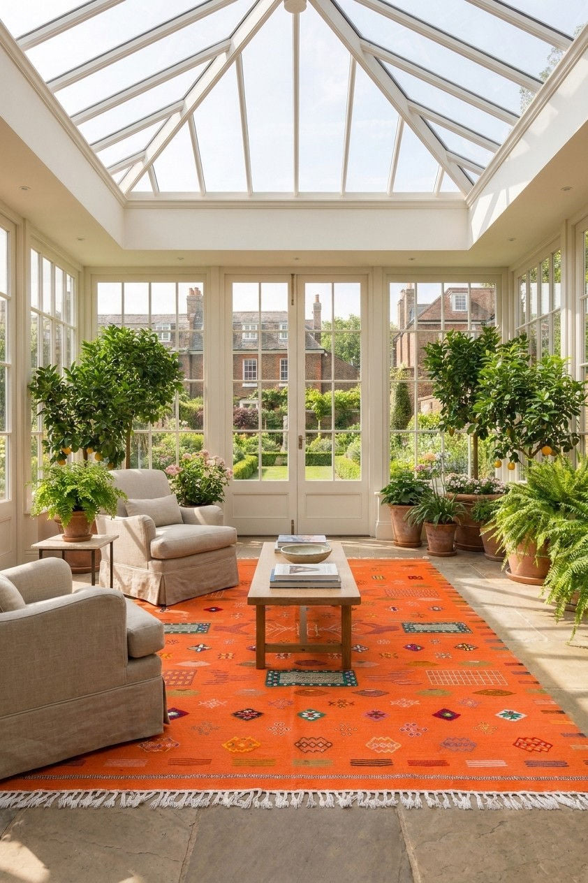 A bright conservatory interior with a large orange patterned area rug under a glass roof, surrounded by beige armchairs, a wooden coffee table, and multiple potted green plants.
