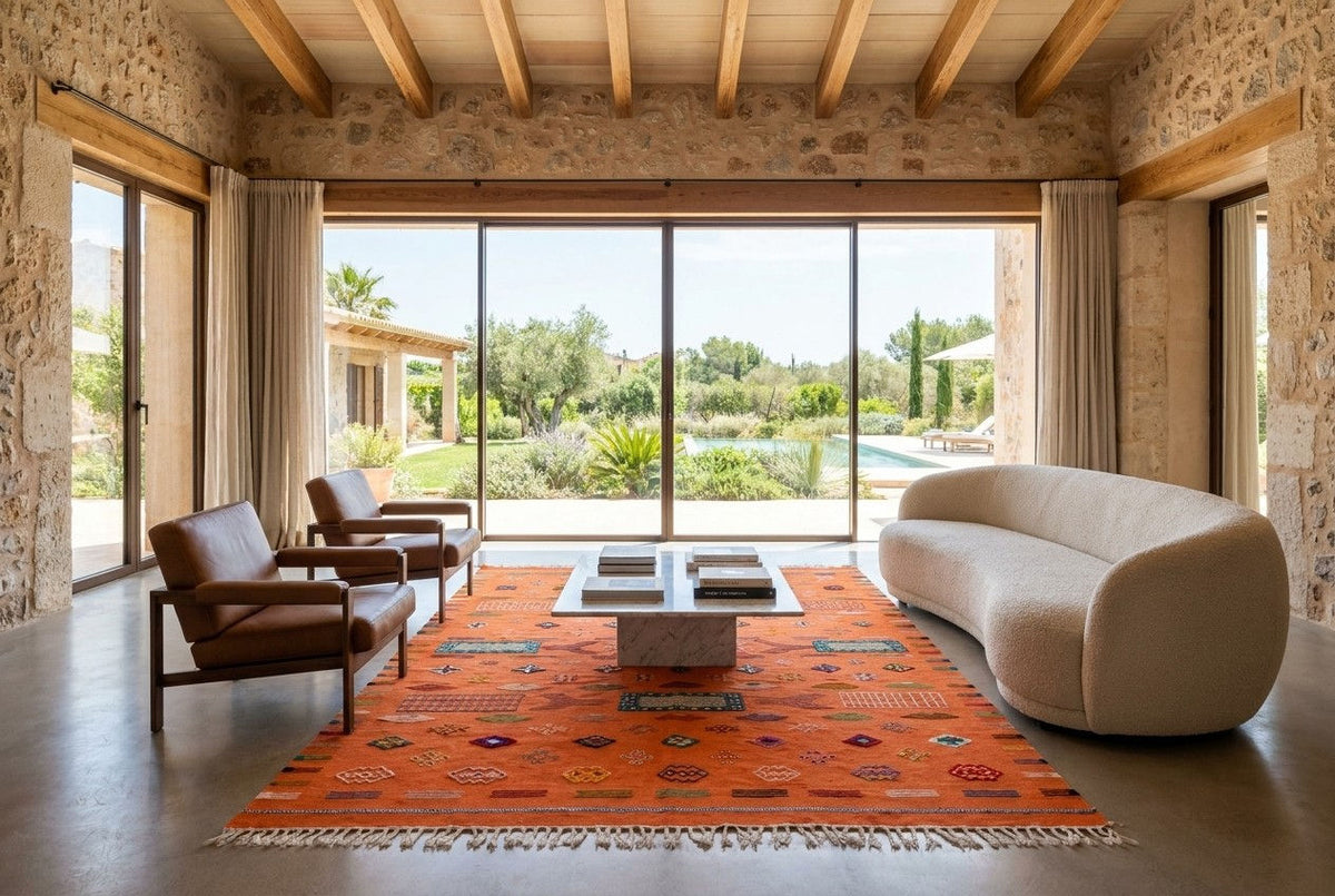 A modern living room with a large orange patterned Moroccan Kilim rug, a curved cream sofa, and two brown leather armchairs facing tall floor-to-ceiling windows with a garden and pool view.