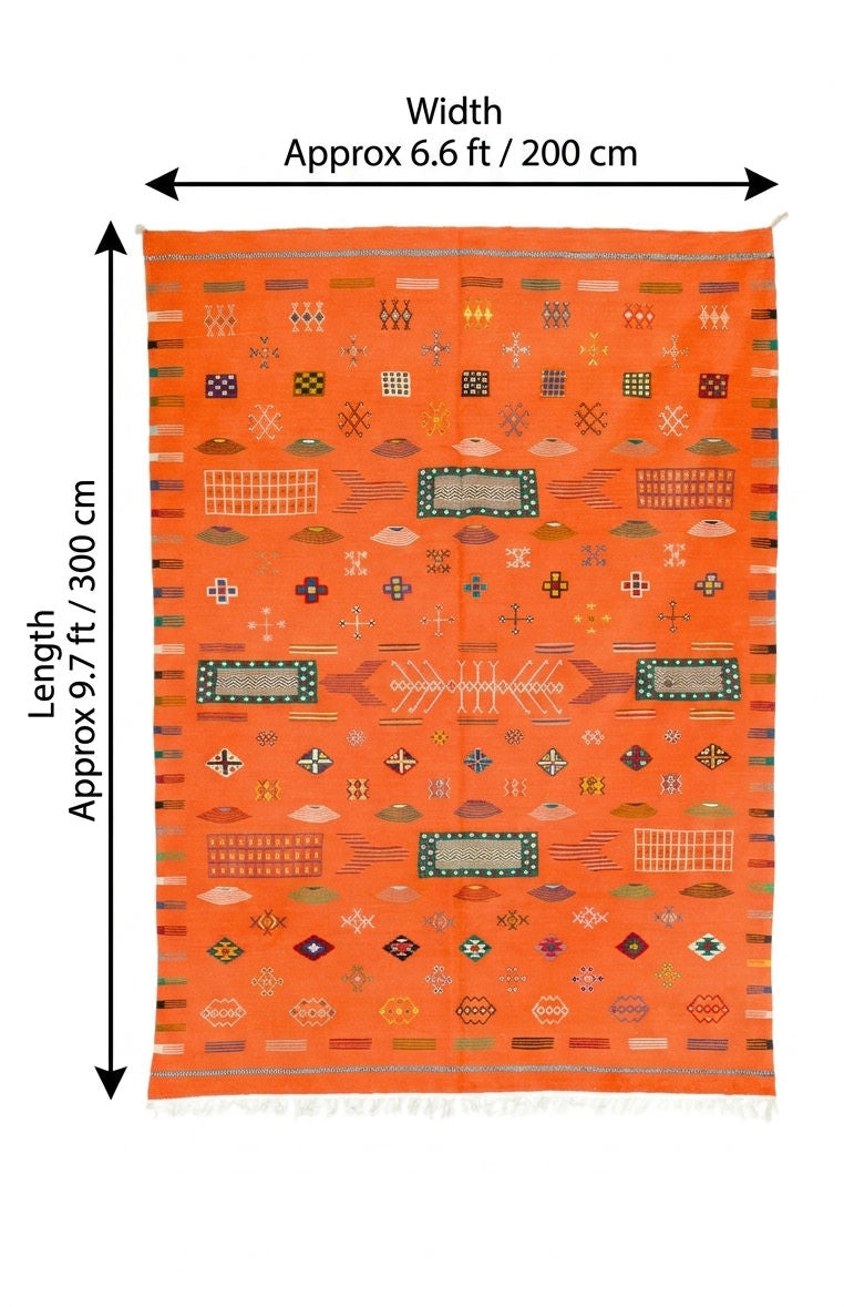 An orange patterned rug shown flat against a white background with measurement arrows and text indicating width approximately 6.6 ft / 200 cm and length approximately 9.