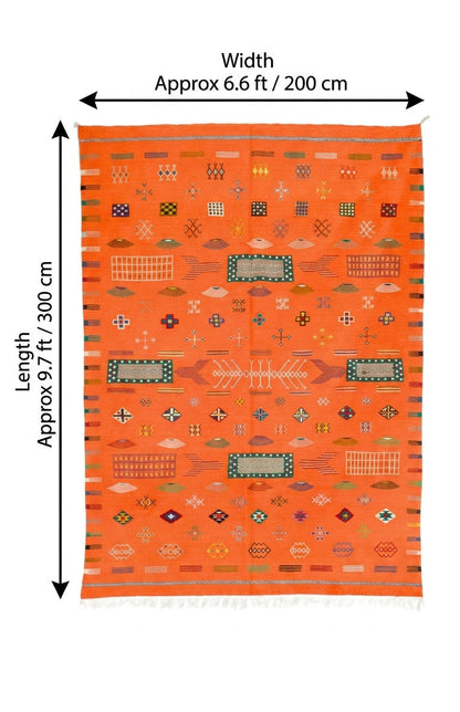 An orange patterned rug shown flat against a white background with measurement arrows and text indicating width approximately 6.6 ft / 200 cm and length approximately 9.