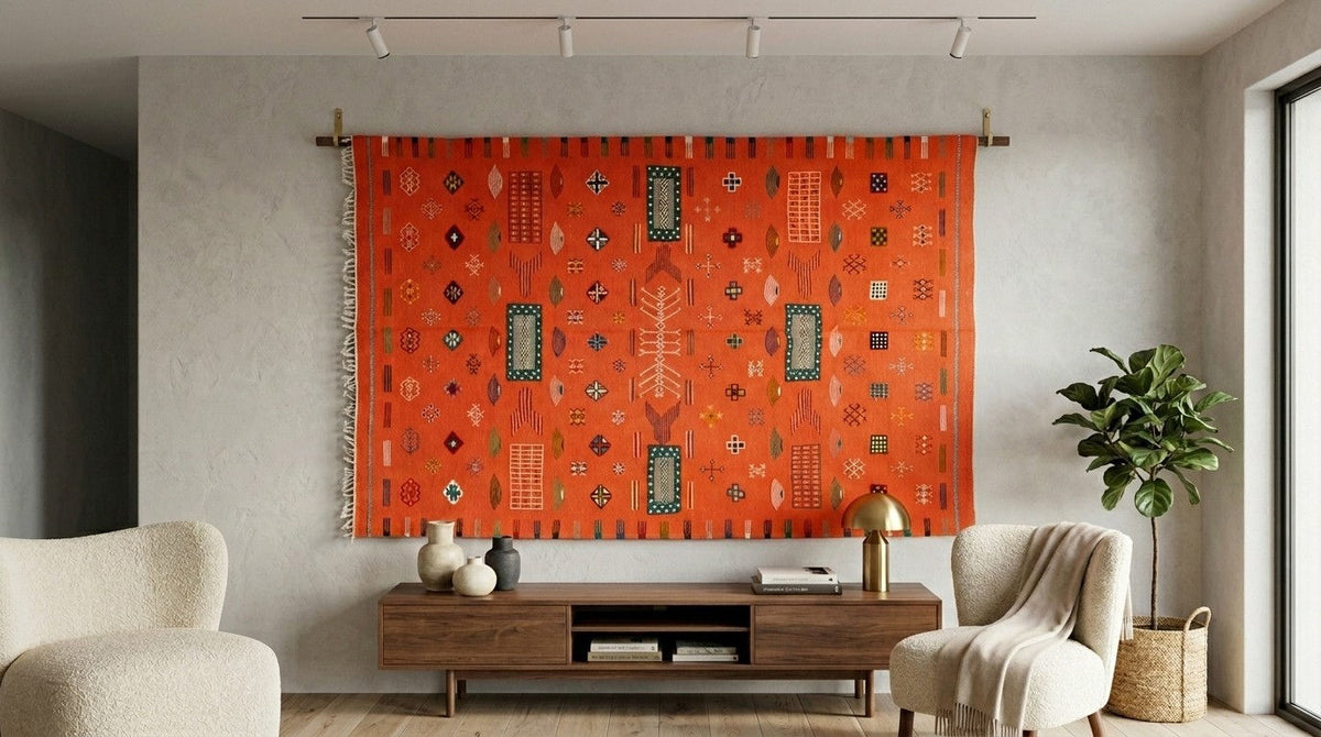 A large orange Moroccan woven tapestry with geometric patterns hangs on a wooden rod in a modern living room setting with a wooden console table, two cream armchairs, and a potted plant.