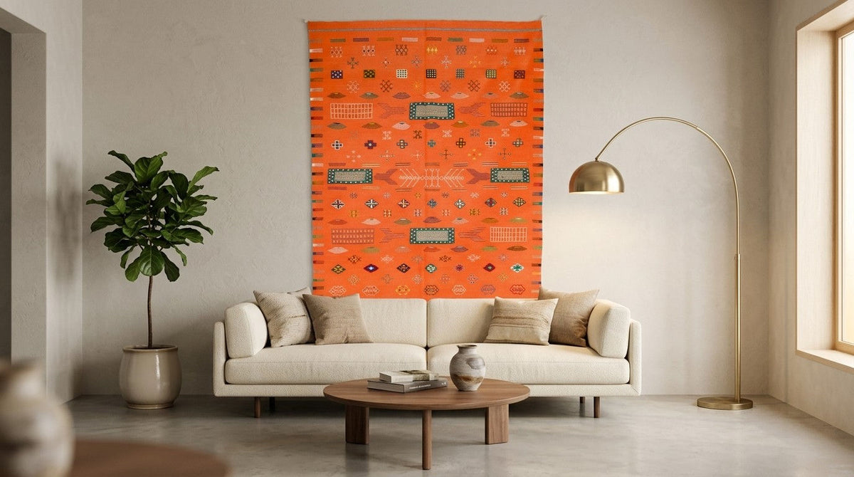 A large orange wool rug used as a wall tapestry with a geometric Southwestern pattern hangs above a cream-colored sofa in a modern, sunlit living room.