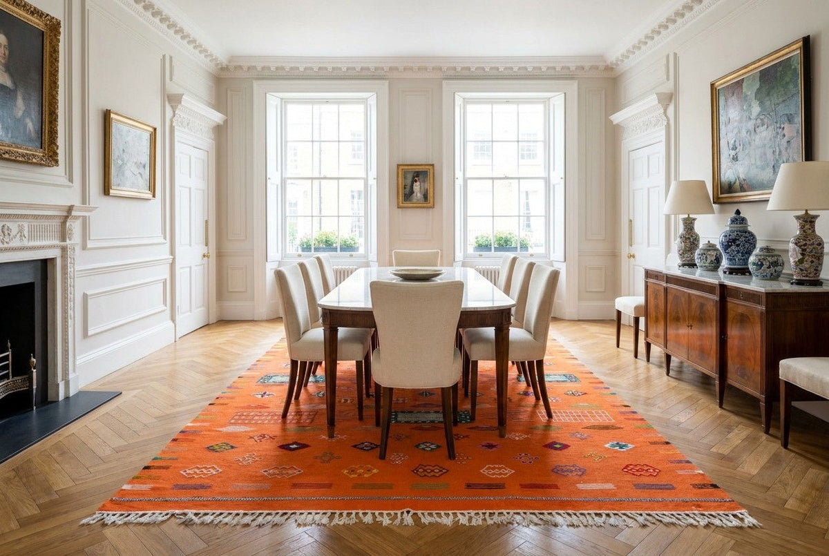 A bright dining room with a large orange patterned rug from Morocco under a wooden dining table and six cream upholstered chairs. The room has white paneled walls, tall windows, a fireplace on the left, and a dark wood sideboard on the right.