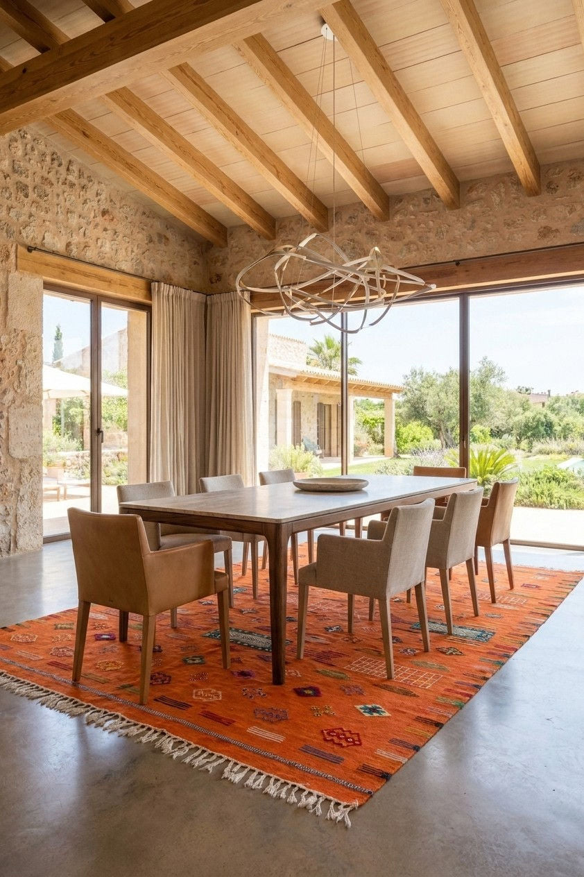 A dining room interior with a rectangular wooden dining table surrounded by beige upholstered chairs, set on a large orange patterned rug. The room features a high wood-beamed ceiling, stone walls, and large windows looking out to a garden.