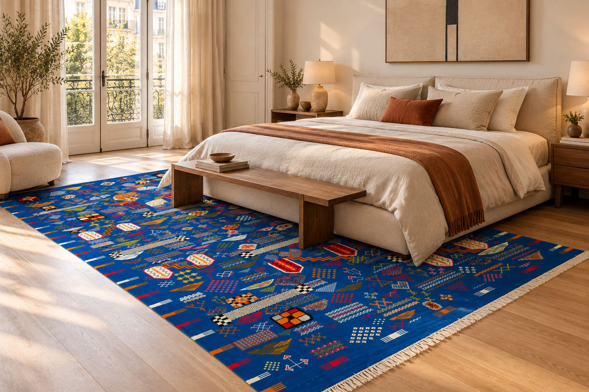 A large Moorccan kilim rectangular area rug with a vibrant blue base and colorful geometric patterns, styled in a bright, modern bedroom under a bed.
