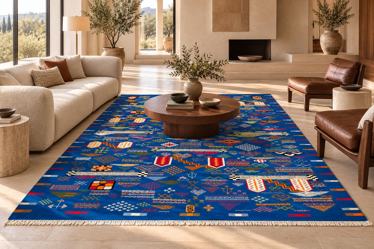A large blue rectangular area rug with intricate multicolor geometric patterns, styled in a modern, sunlit living room with a beige sofa and wooden coffee table.