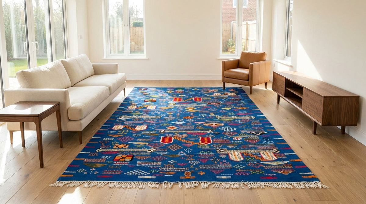 A large blue area rug with a colorful patchwork pattern, styled in a bright, modern living room with a cream sofa, wooden floor, and a brown armchair.