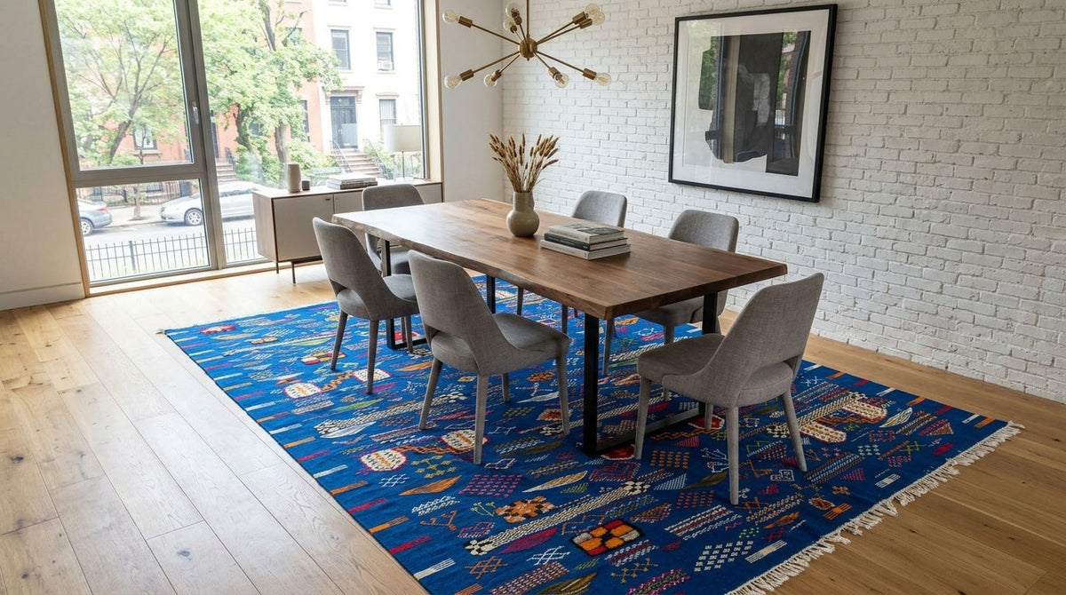 A blue patterned area rug with fringe, styled under a wooden dining table and gray chairs in a bright, modern room with a white brick wall and large windows.
