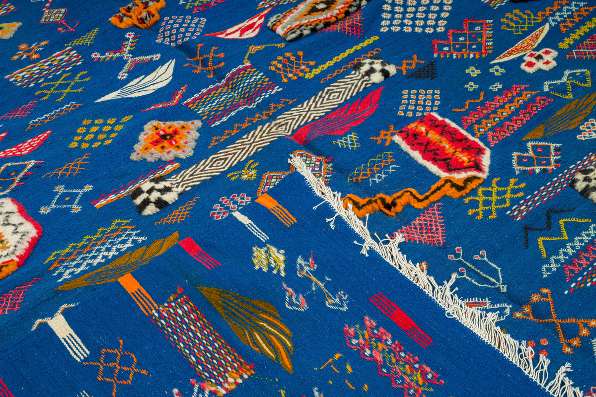 Moroccan Berber Wool Rug Blue – Handwoven Hand Knotted Embroidered, 300x200cm / 9.8x6.6ft