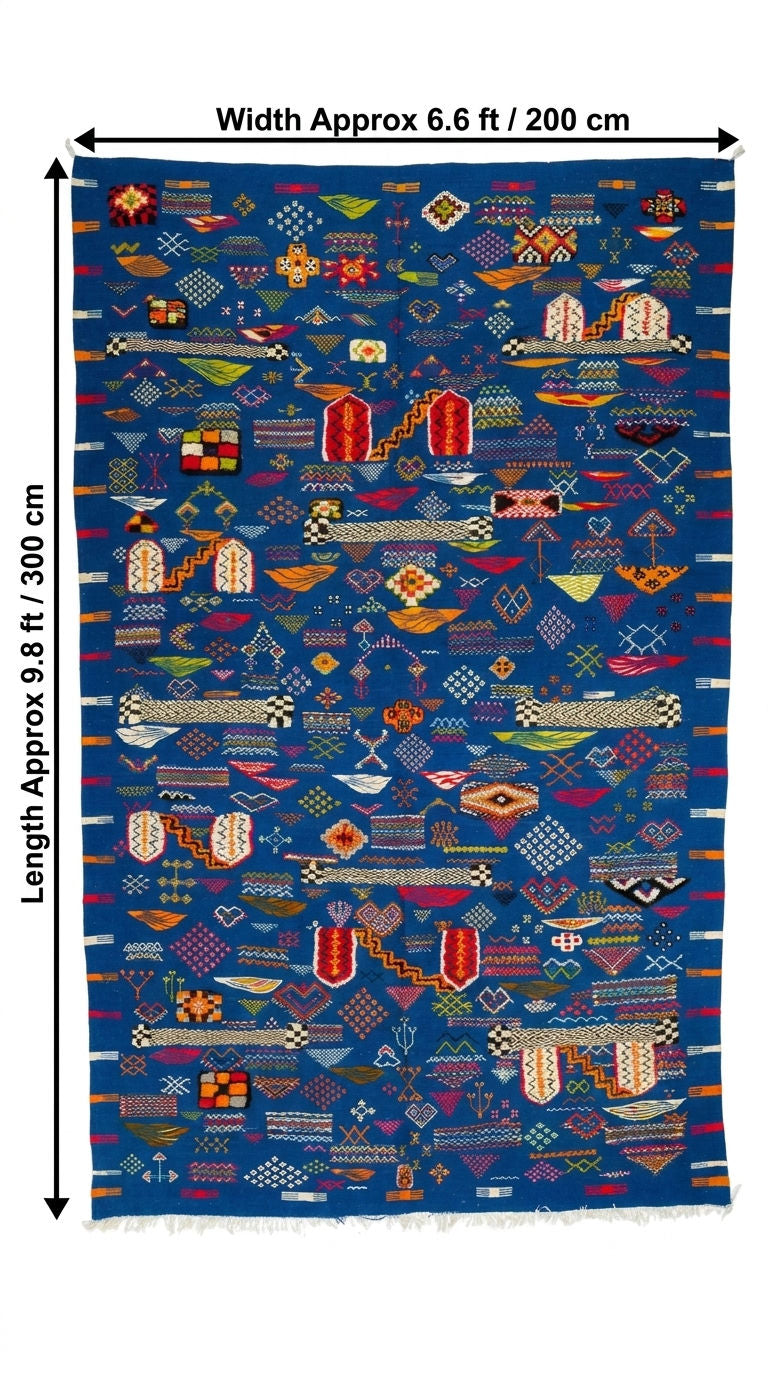 A flat-lay view of a rectangular blue kilim rug rug with dimension markers .
