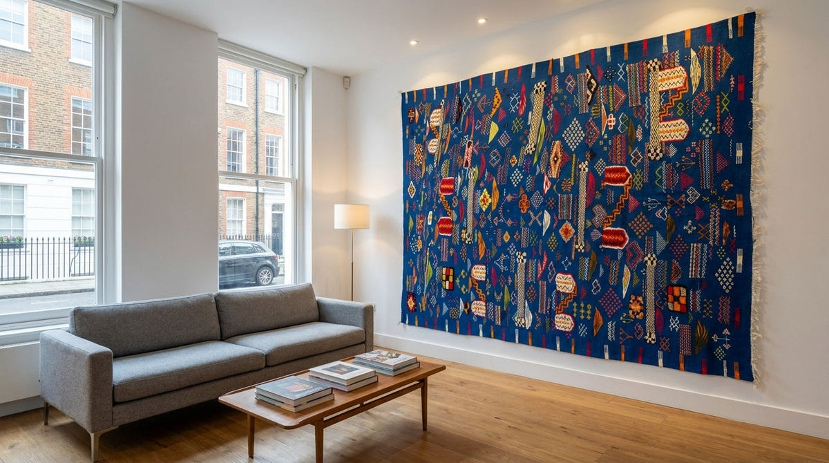 A large rectangular blue patterned rug used as a wall hanging displayed on a wall in a modern living room with a gray sofa, wooden floor, and tall windows.