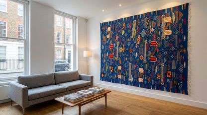A large rectangular blue patterned rug used as a wall hanging displayed on a wall in a modern living room with a gray sofa, wooden floor, and tall windows.