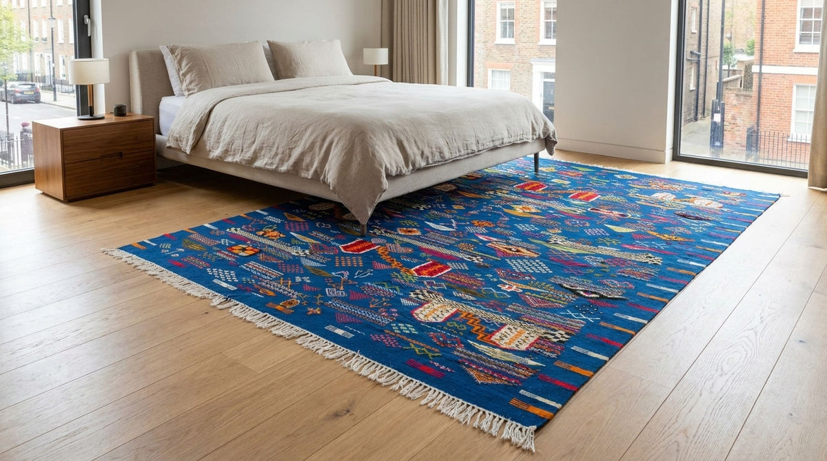 A rectangular blue area kilim rug from morocco with a colorful geometric pattern and white fringe, styled on a light wood floor in a modern bedroom next to a bed.