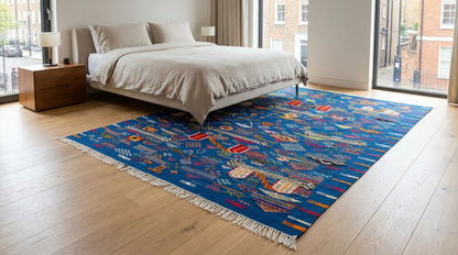 A rectangular blue area kilim rug from morocco with a colorful geometric pattern and white fringe, styled on a light wood floor in a modern bedroom next to a bed.