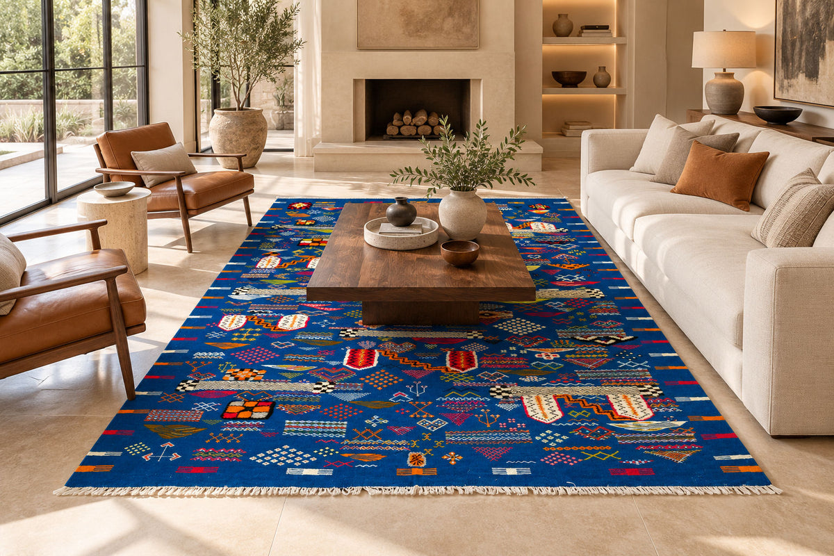 A large rectangular area rug with a vibrant blue base and intricate multicolor geometric patterns, styled in a bright, modern living room with a white sofa, brown leather chairs, and a wooden coffee table.