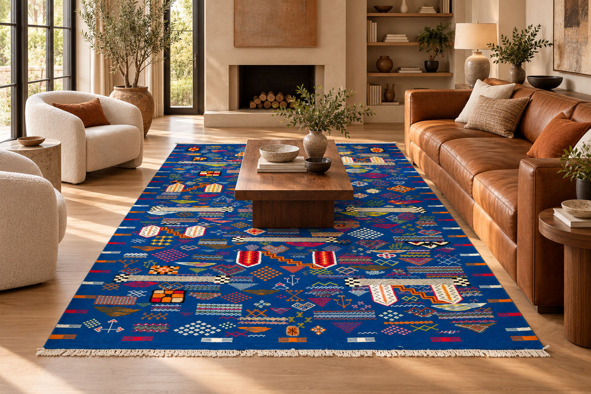A large blue rectangular area rug with a vibrant blue base and intricate multicolor geometric and tribal patterns, styled in a bright, modern living room with a brown leather sofa and wooden coffee table. 