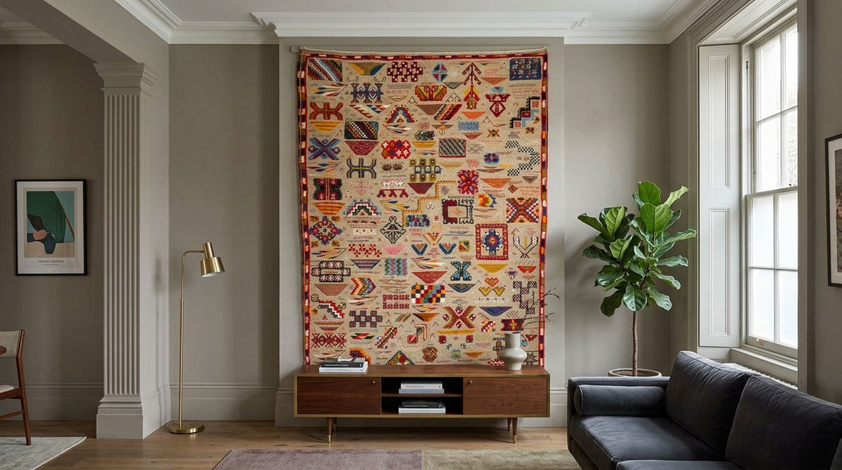 A large, colorful patchwork-style wall hanging or tapestry with intricate geometric and tribal motifs, displayed in a modern living room setting above a wooden console table.