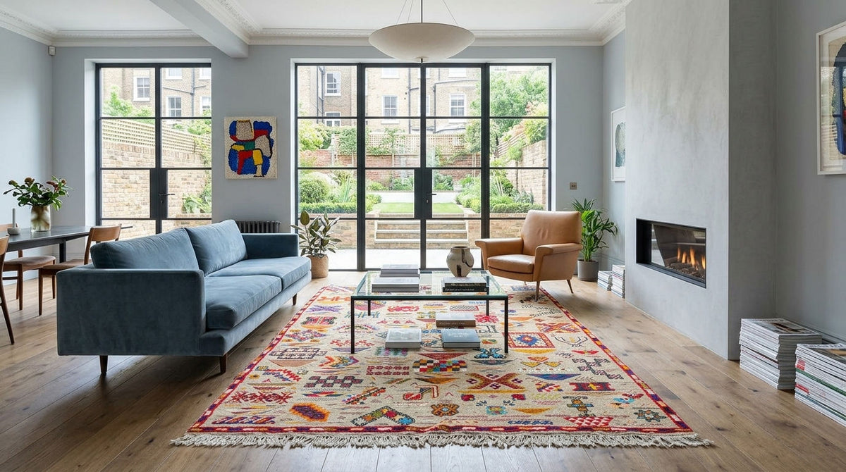 A styled living room featuring a prominent multicolor patterned area rug on a light wood floor, with a blue sofa, a brown leather armchair, and a black fireplace on a gray wall.