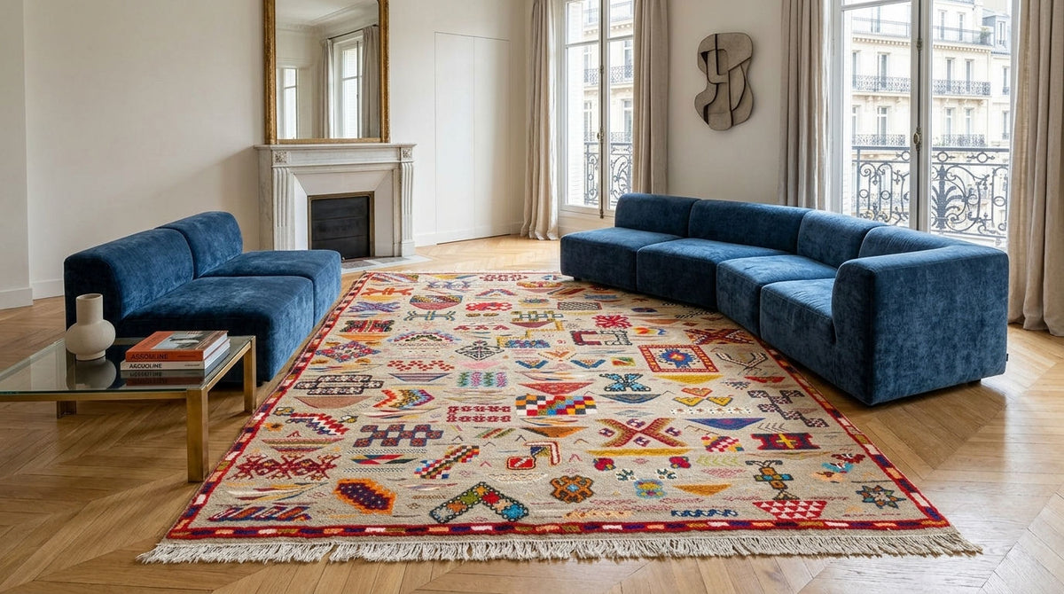 A large, colorful geometric patterned area rug with fringe, styled in a bright living room between two blue velvet sofas.