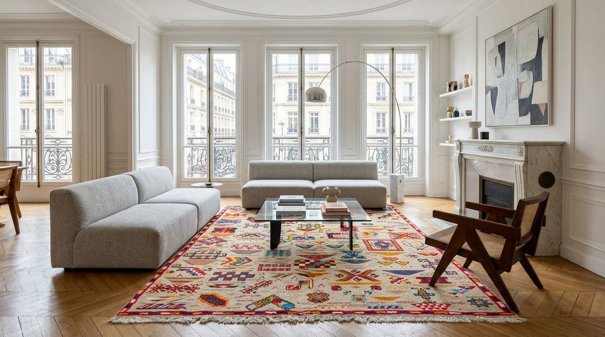 A modern living room featuring a light gray modular sofa, a colorful patterned area rug, a glass-top coffee table, and a dark wood armchair in a bright, classic Parisian-style apartment. This is a beautiful rug from Morocco.
