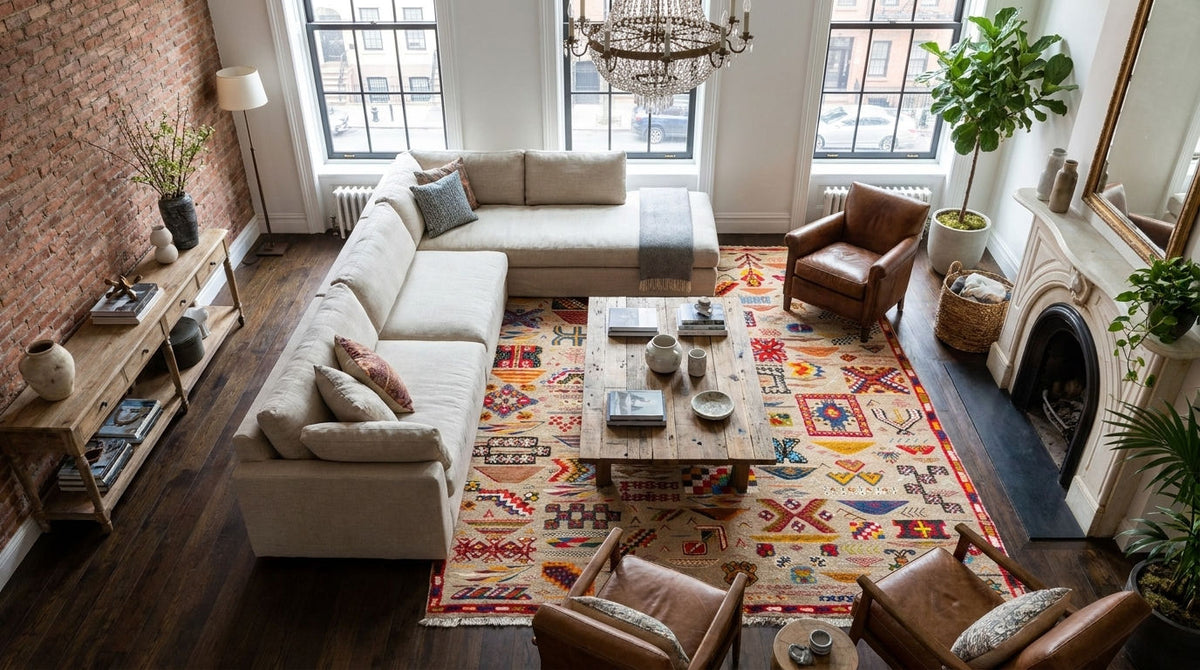 A styled living room featuring a large cream sectional sofa, a colorful geometric patterned area rug, a wooden coffee table, and brown leather armchairs in a bright loft setting with brick walls and windows.