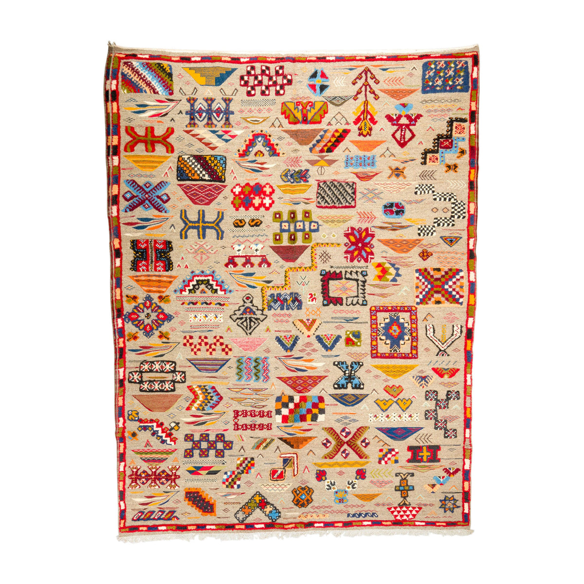 A Moroccan kilim rug with a cream-colored field and a red border, decorated with numerous colorful geometric and tribal patterns.