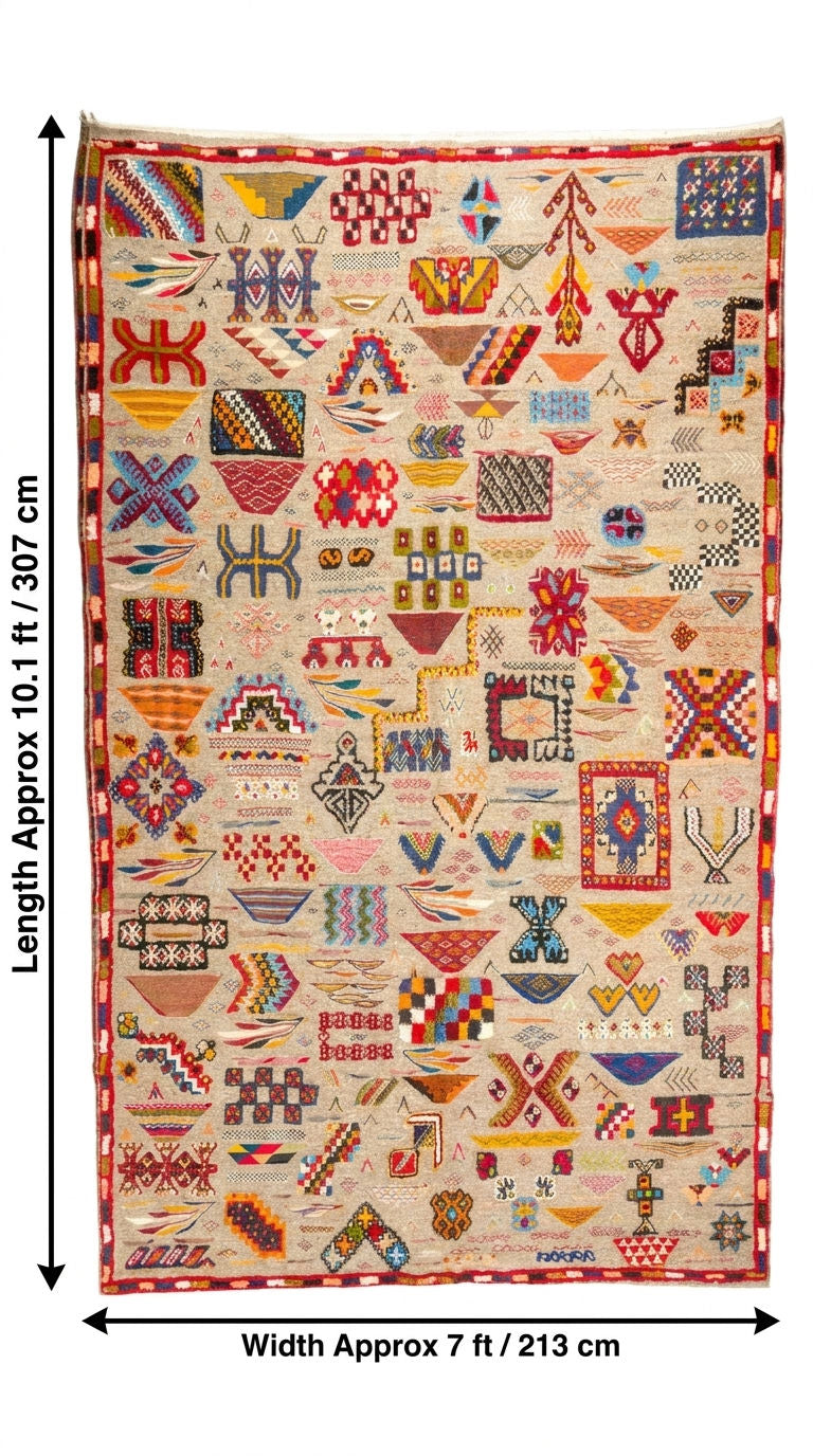 A flat-lay view of a large Moroccan wool rug with dimensions annotated on the left and bottom. The rug features a cream-colored base with a dense, multicolored patchwork of geometric and tribal patterns including red, blue, yellow, green, and black.