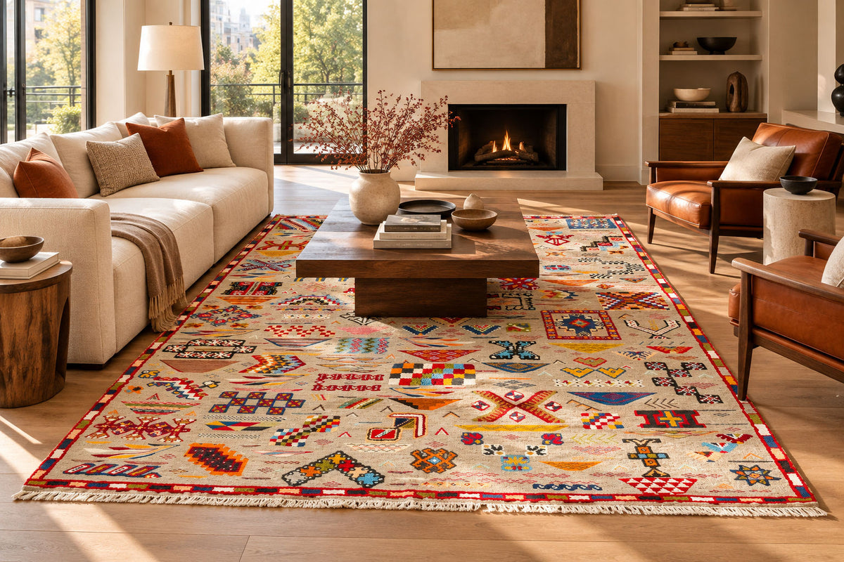 A large area rug with a colorful Southwestern geometric pattern in red, blue, yellow, orange, and cream, styled in a bright, modern living room with a fireplace, sofa, and coffee table.