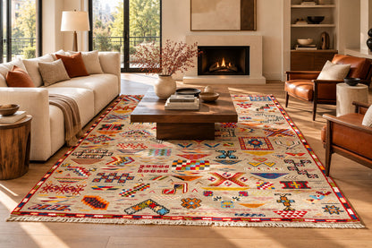 A large area rug with a colorful Southwestern geometric pattern in red, blue, yellow, orange, and cream, styled in a bright, modern living room with a fireplace, sofa, and coffee table.