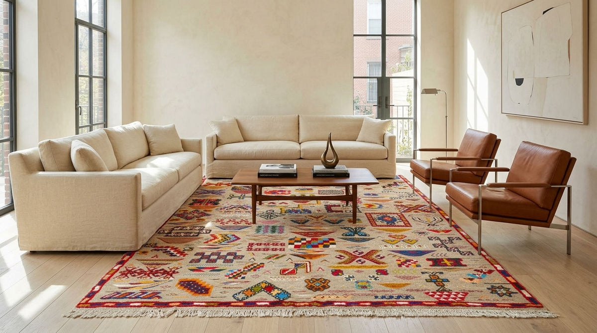 A large, colorful area rug with a traditional geometric pattern in beige, red, blue, and green, styled in a bright, modern living room with cream sofas and brown leather armchairs.