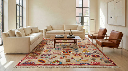 A large, colorful area rug with a traditional geometric pattern in beige, red, blue, and green, styled in a bright, modern living room with cream sofas and brown leather armchairs.