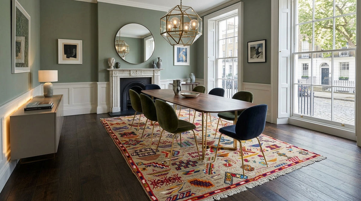 A styled dining room interior featuring a rectangular wooden dining table surrounded by six chairs, including two dark green velvet chairs and two navy blue chairs, all arranged on a large patterned oriental area rug. The room has sage green walls, white wainscoting, a fireplace, and large windows looking out onto a street.