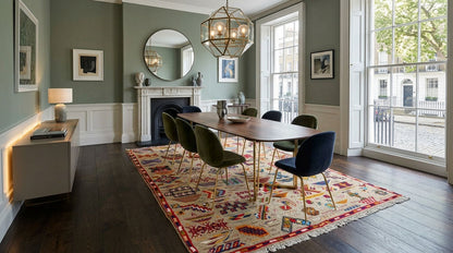 A styled dining room interior featuring a rectangular wooden dining table surrounded by six chairs, including two dark green velvet chairs and two navy blue chairs, all arranged on a large patterned oriental area rug. The room has sage green walls, white wainscoting, a fireplace, and large windows looking out onto a street.