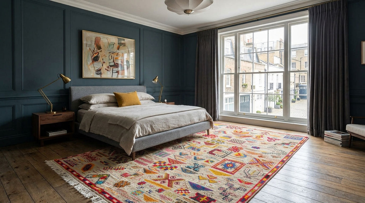 A styled bedroom interior with a large multicolor patterned area rug on a wood floor, a gray bed, dark blue paneled walls, and a large window with dark curtains.