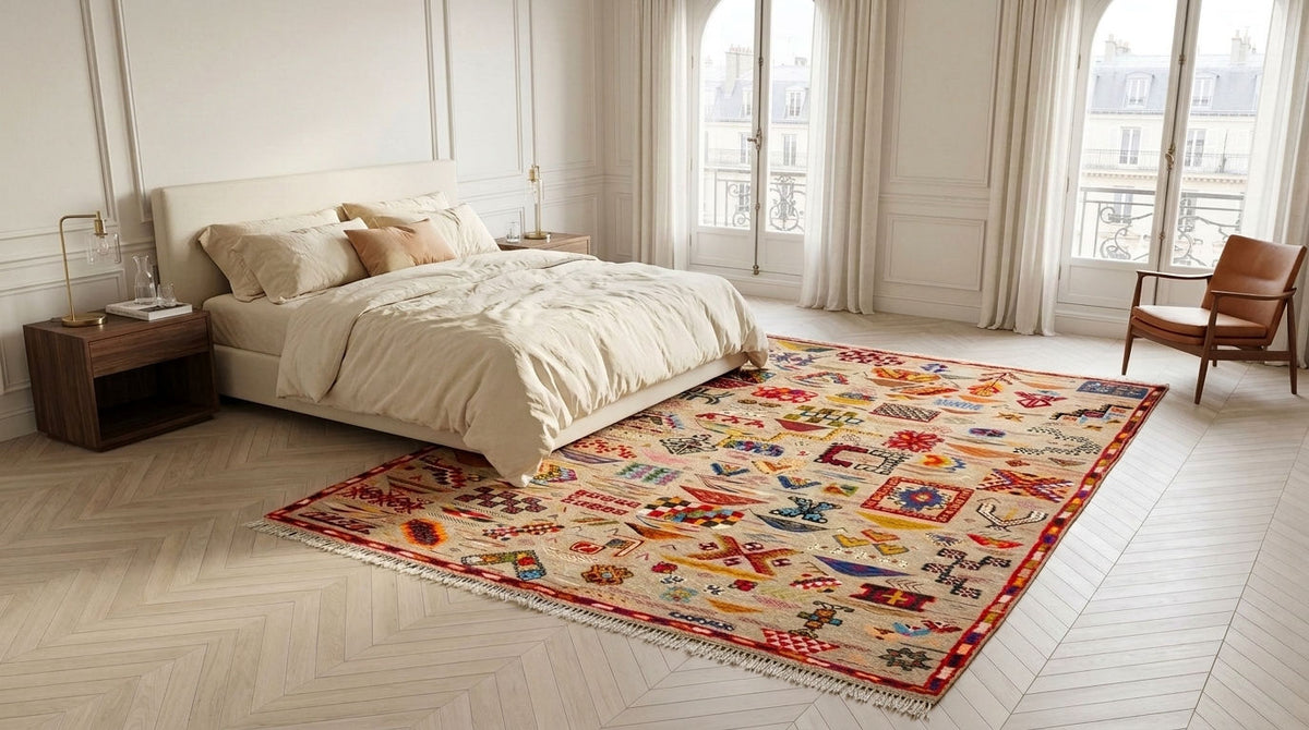 A large area rug with a detailed multicolor patchwork pattern and fringed edges, styled on a light wood herringbone floor in a bright, modern bedroom with a bed and window views.