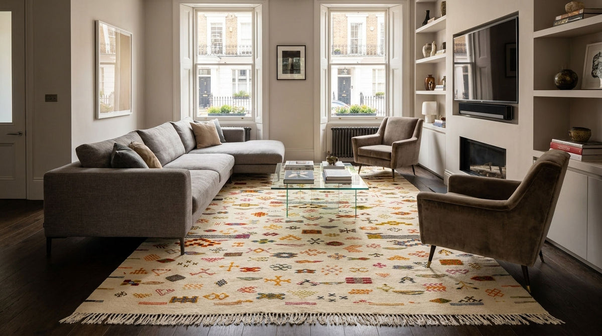 A large rectangular area rug with a cream base and a colorful geometric and floral pattern, styled in a modern living room with a gray sectional sofa, glass coffee table, and brown armchair.