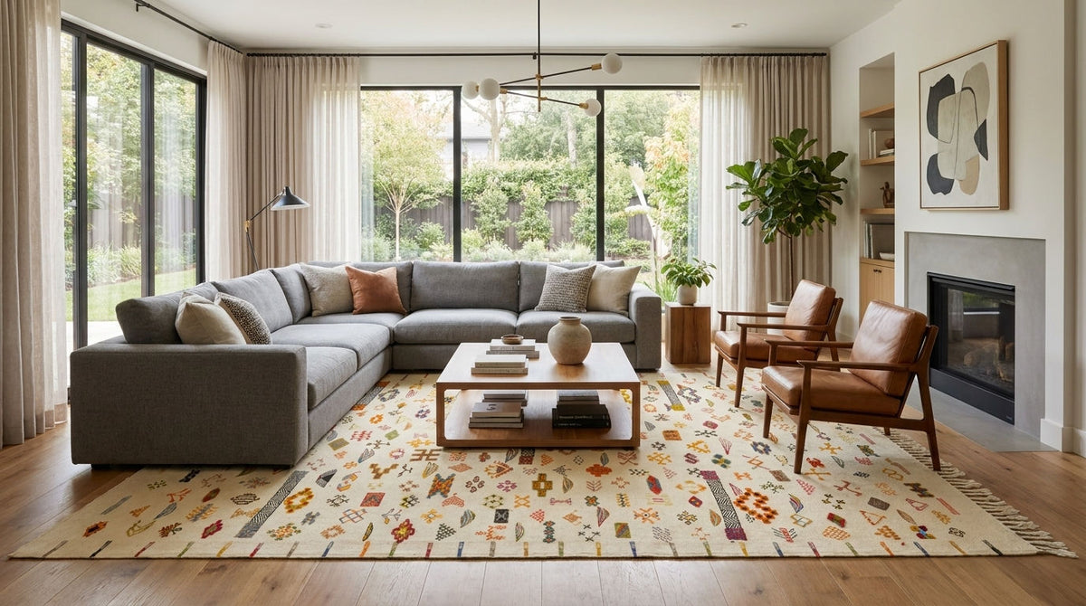 A beautiful Moroccan kilim wool rug with detailed embroidery is a modern living room featuring a large gray sectional sofa, two brown leather armchair.